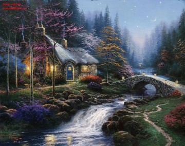 twilight cedars darien connecticut Painting - Twilight Cottage Thomas Kinkade